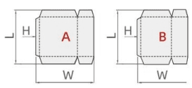 Double-piece flat box template diagram displaying dashed fold lines, a side glue flap, and dimensional labels L, W, and H
