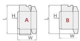 Double-piece Lock bottom box template diagram displaying dashed fold lines, a side glue flap, and dimensional labels L, W, and H