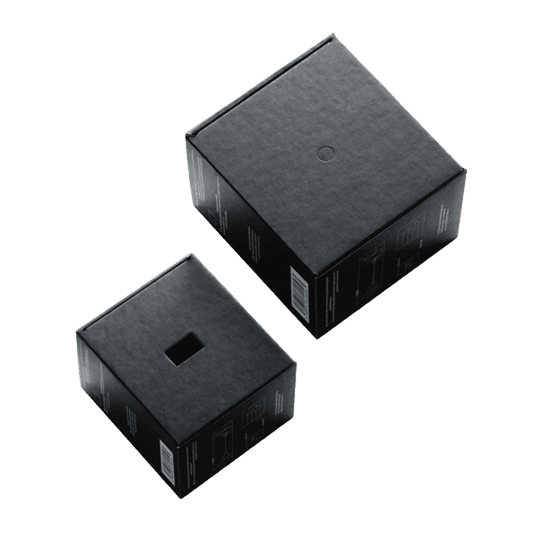 Folded black electronic product packaging boxes demonstrating the precise folding capabilities of SINOSUN folder gluers