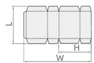 Flat box template diagram displaying dashed fold lines, a side glue flap, and dimensional labels L, W, and H
