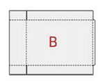 2D structural diagram of a flat box template showing dashed fold lines, a glue flap, and a red letter B in the center.