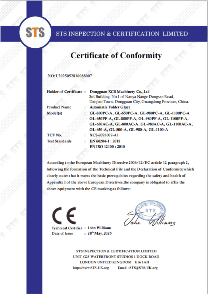 CE Certificate of Conformity for SINOSUN GL series automatic folder gluer, issued to Dongguan XCS Machinery in 2025