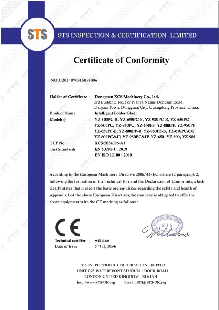 CE Certificate of Conformity for SINOSUN intelligent folder gluer machines, issued to Dongguan XCS Machinery in 2024