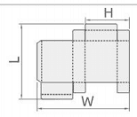 Linear box template diagram displaying dashed fold lines, a side glue flap, and dimensional labels L, W, and H.