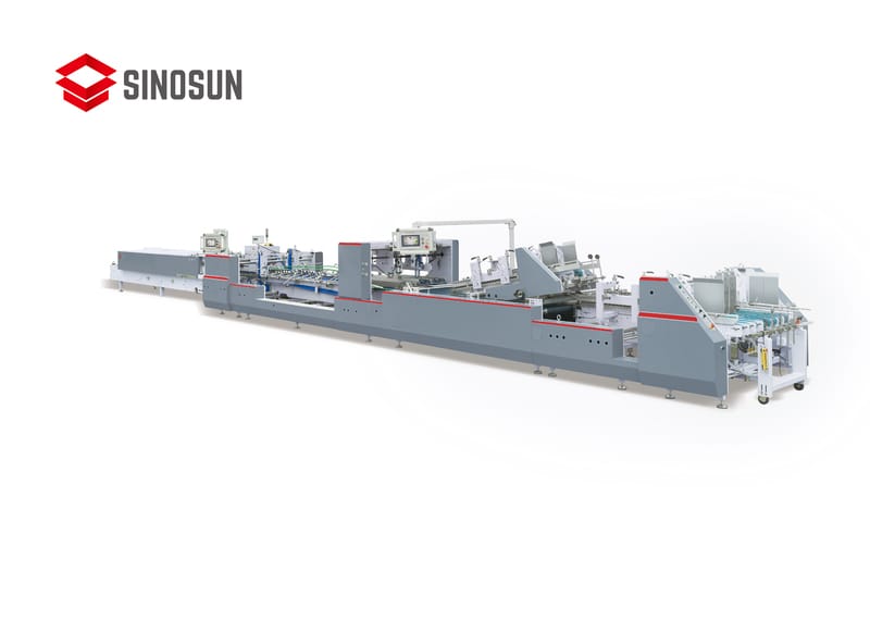 SINOSUN YL-1450/1600AB automatic folder gluer with small format double feeder, designed for A/B sheet jointed boxes
