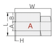 Special shaped box template diagram showing fold lines, dimensional labels W, L, A, B, H, and a red letter A in the center.