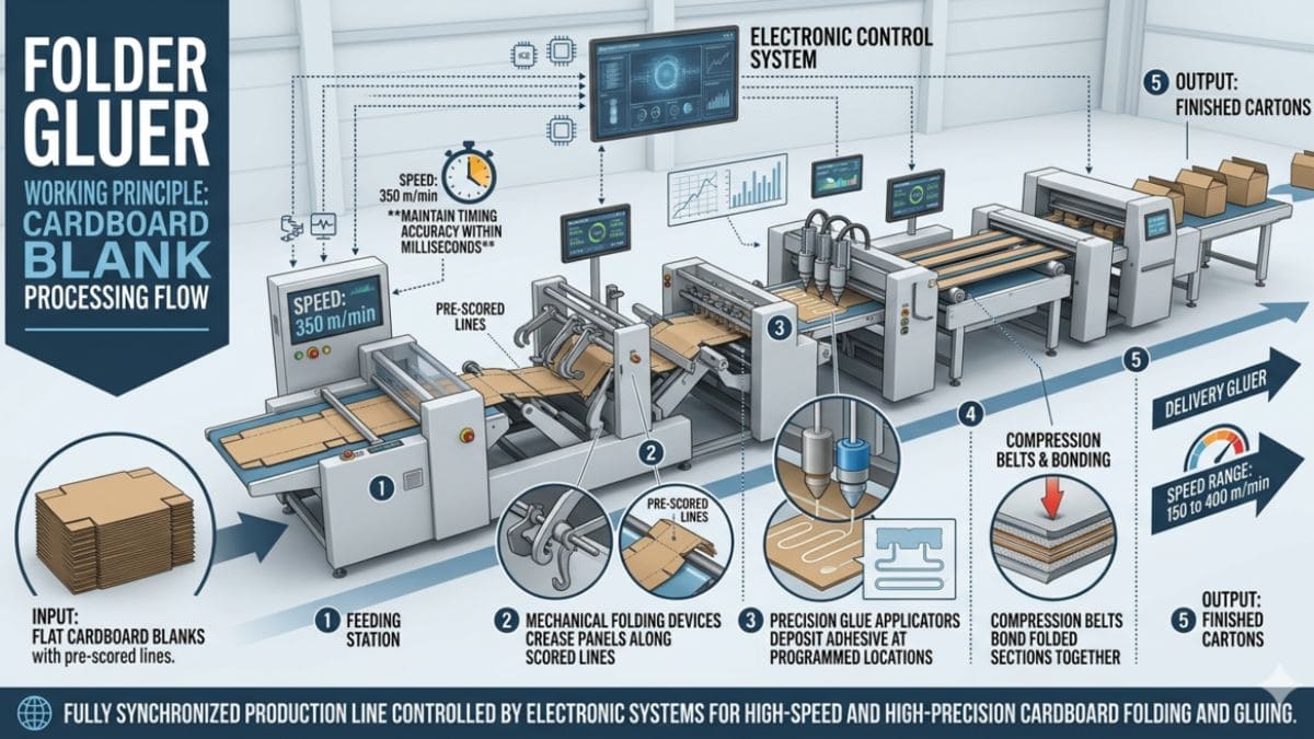 Folder gluer working principle diagram showing production flow